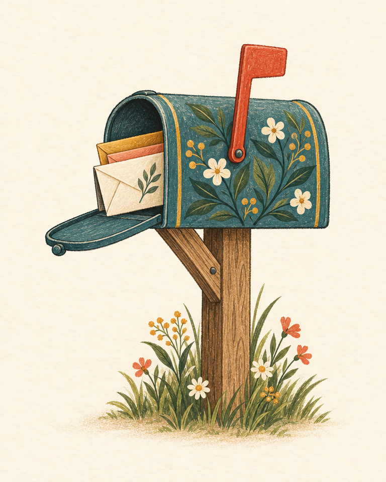 Illustration of a floral mailbox filled with letters