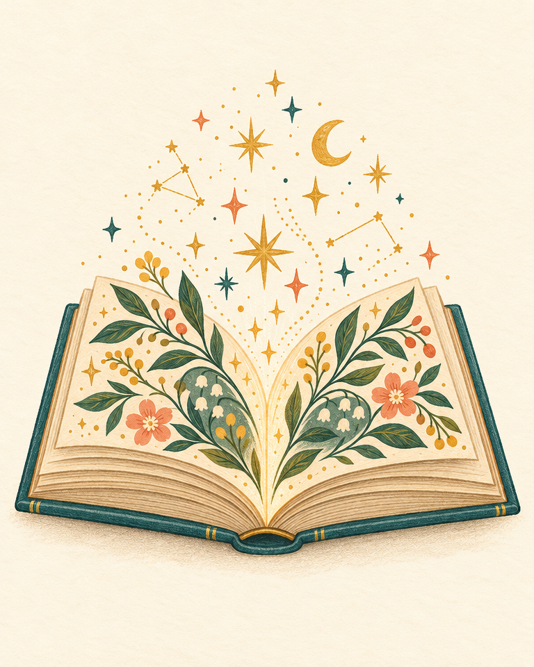 Illustration of an open floral book with stars rising from its pages